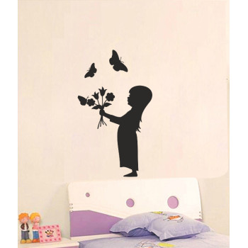 sticker petite fille et bouquet de papillons